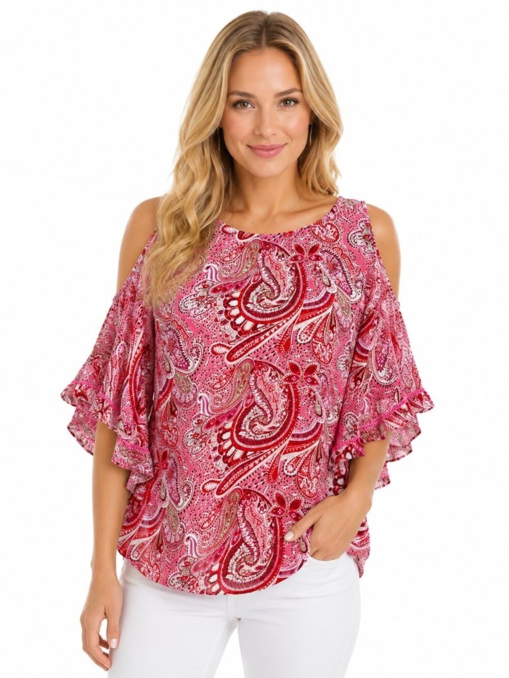 EUC Buffalo Jeans Cold Shoulder Paisley Blouse Top Size Medium Pink Boho Flutter